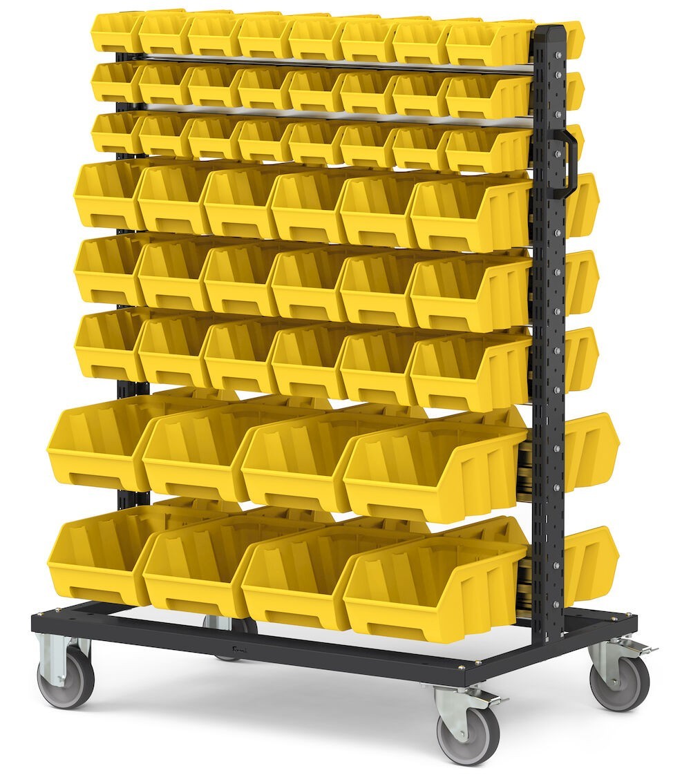 Carrello con 100 contenitori a bocca di lupo Picking Box Air giallo zinco