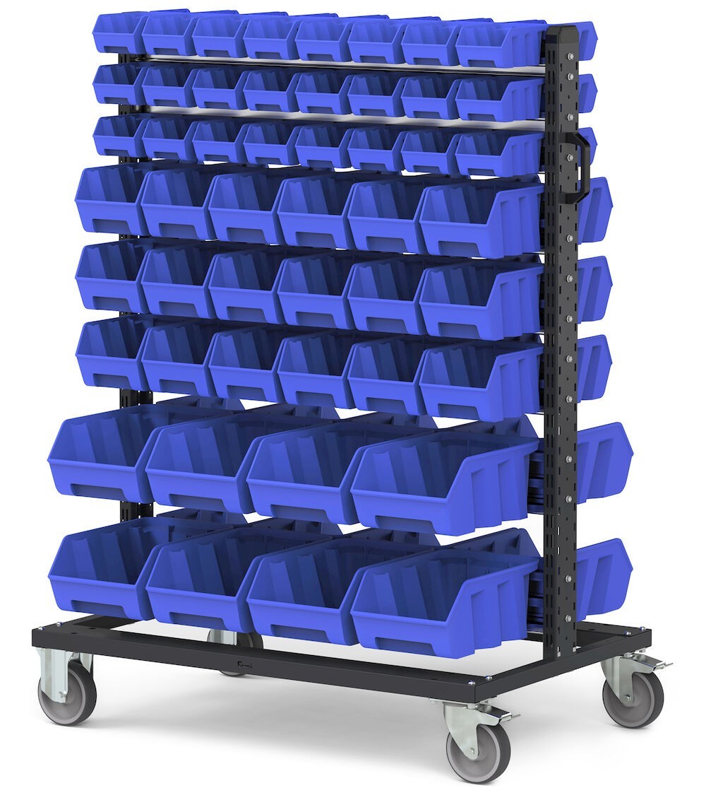 Carrello con 100 contenitori a bocca di lupo Picking Box Air blu cielo