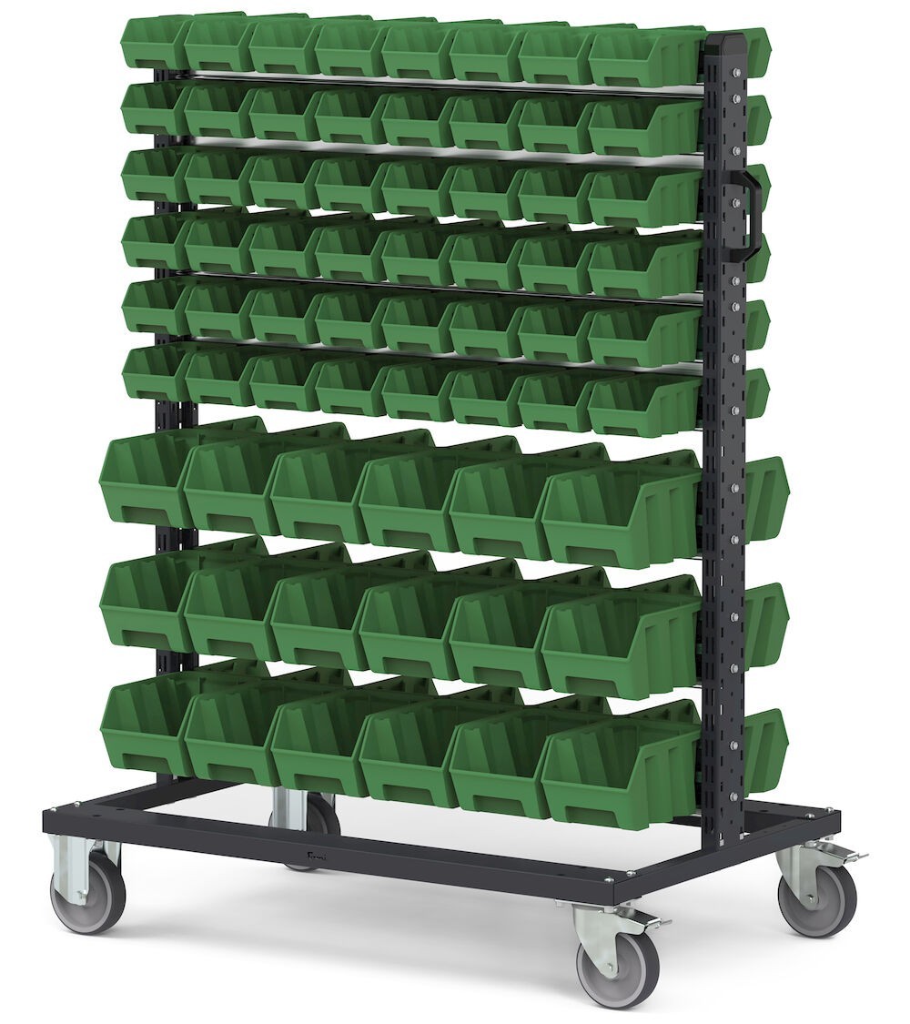 Carrello con 132 contenitori a bocca di lupo Picking Box Air verde traffico