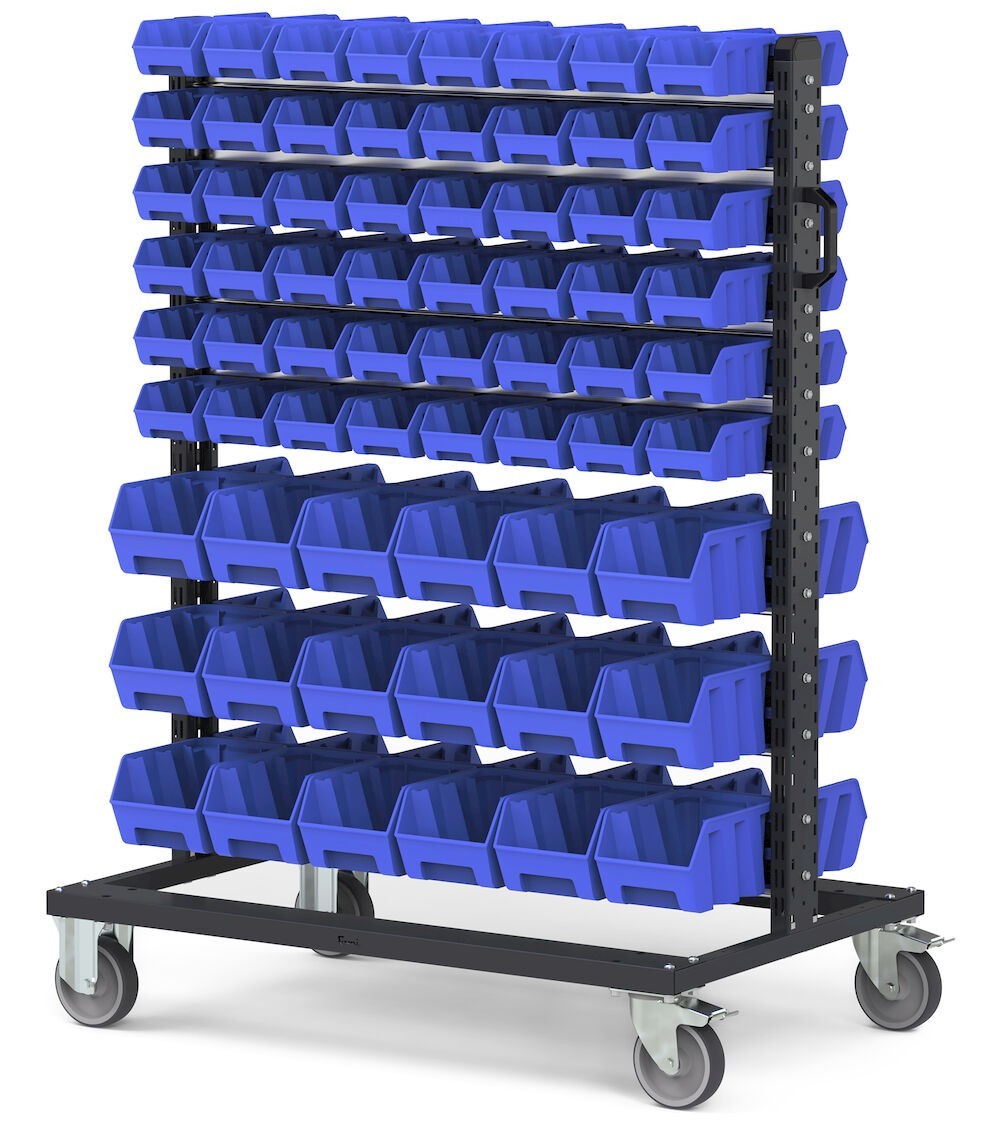 Carrello con 132 contenitori a bocca di lupo Picking Box Air blu cielo