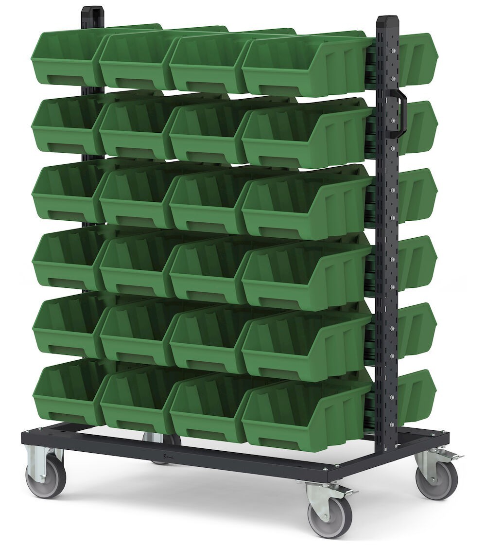 Carrello con 48 contenitori a bocca di lupo Picking Box Air verde traffico