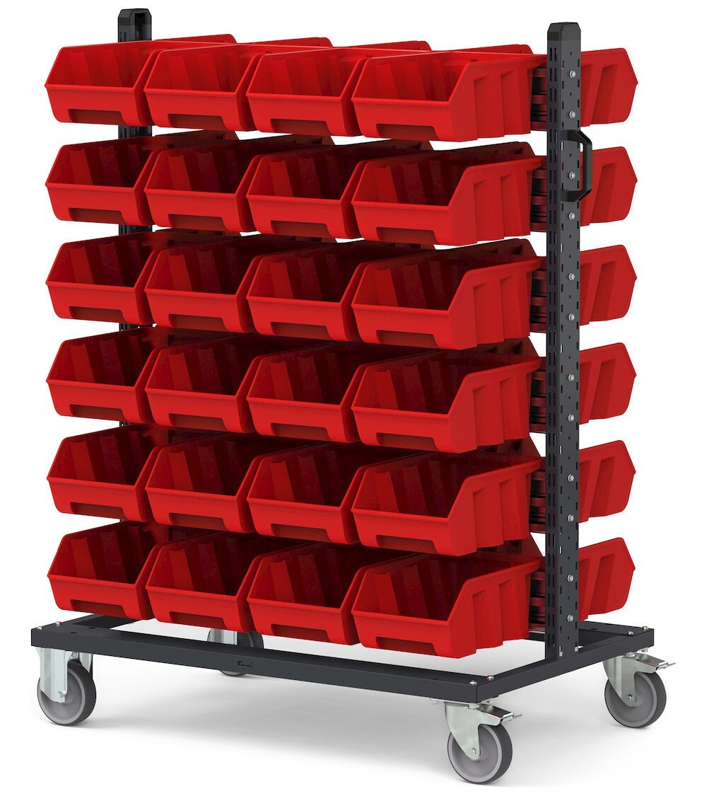 Carrello con 48 contenitori a bocca di lupo Picking Box Air rosso traffico