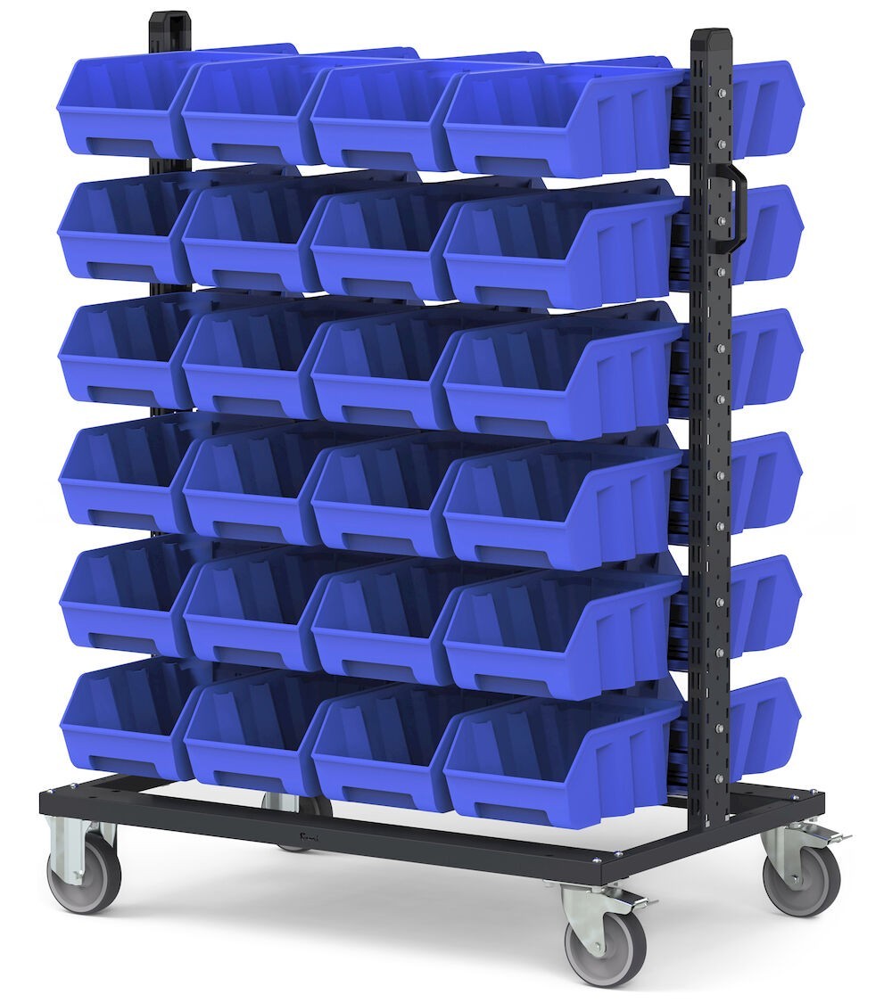 Carrello con 48 contenitori a bocca di lupo Picking Box Air blu cielo