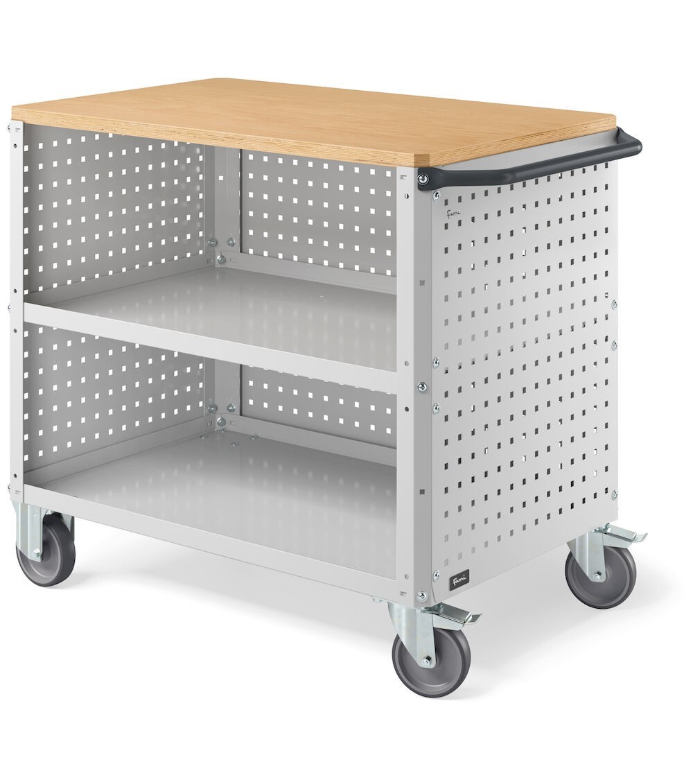 Carrello Clever Large con piano in legno, piano in acciaio aggiuntivo, pannelli forati e pannello forato posteriore CLEVER1015