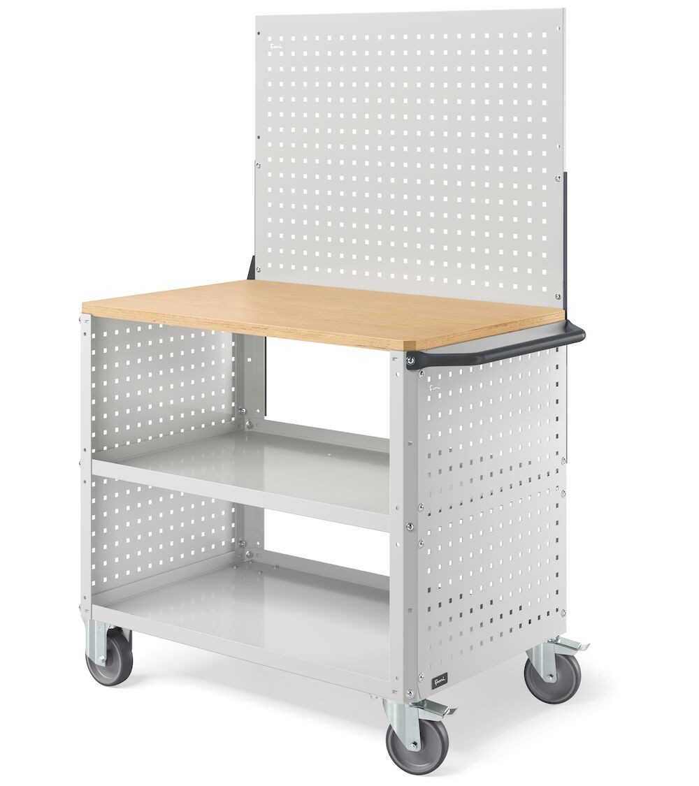 Carrello Clever Large con piano in legno, piano in acciaio aggiuntivo, pannelli forati e parete forata CLEVER1021