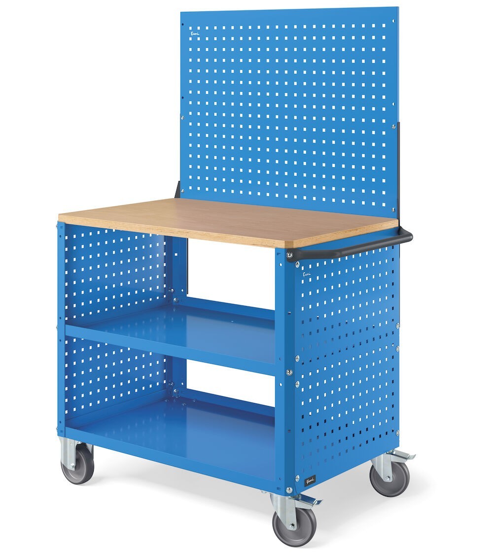 Carrello Clever Large con piano in legno, piano in acciaio aggiuntivo, pannelli forati e parete forata CLEVER1022
