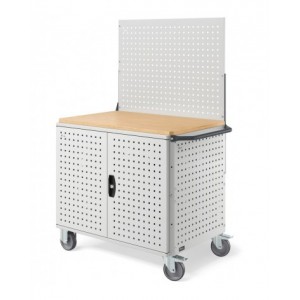Carrello Clever Large con piano in legno, piano in acciaio aggiuntivo pannelli e parete forati, coppia porte CLEVER1023