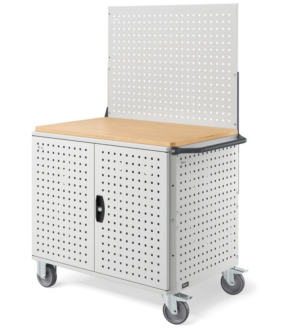 Carrello Clever Large con piano in legno, piano in acciaio aggiuntivo pannelli e parete forati, coppia porte CLEVER1023