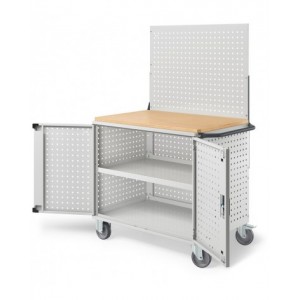 Carrello Clever Large con piano in legno, piano in acciaio aggiuntivo pannelli e parete forati, coppia porte CLEVER1023