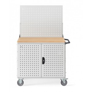 Carrello Clever Large con piano in legno, piano in acciaio aggiuntivo pannelli e parete forati, coppia porte CLEVER1023