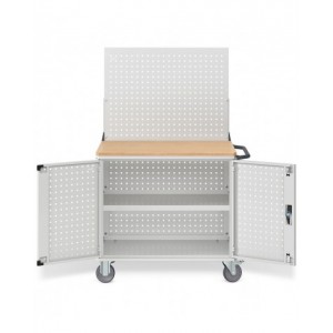 Carrello Clever Large con piano in legno, piano in acciaio aggiuntivo pannelli e parete forati, coppia porte CLEVER1023