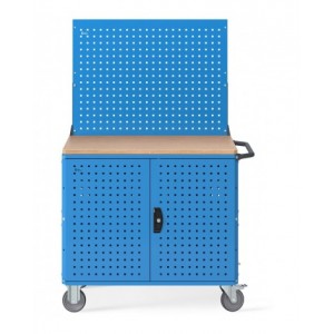 Carrello Clever Large con piano in legno, piano in acciaio aggiuntivo pannelli e parete forati, coppia porte CLEVER1024
