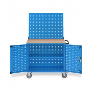 Carrello Clever Large con piano in legno, piano in acciaio aggiuntivo pannelli e parete forati, coppia porte CLEVER1024