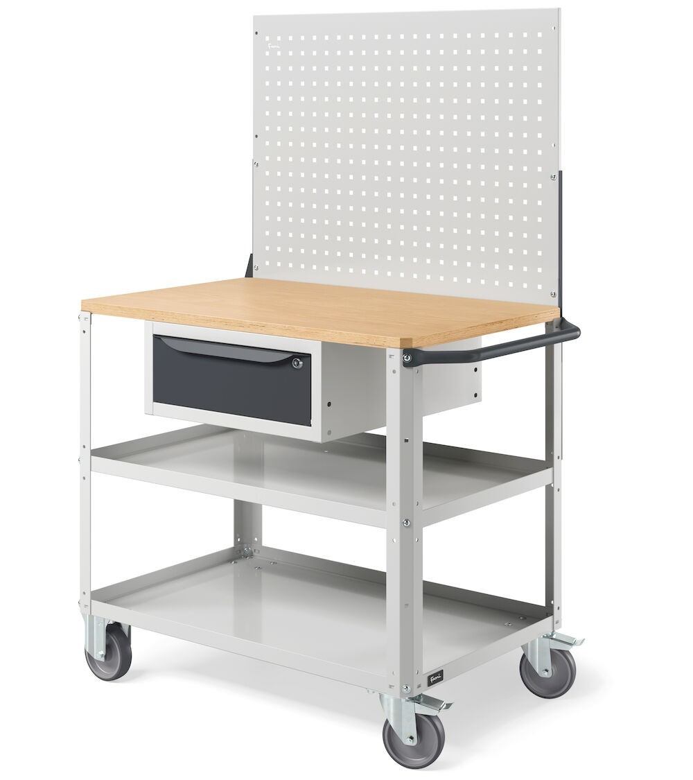 Carrello Clever Large con piano in legno, piano in acciaio aggiuntivo, cassetto e parete forata CLEVER1025