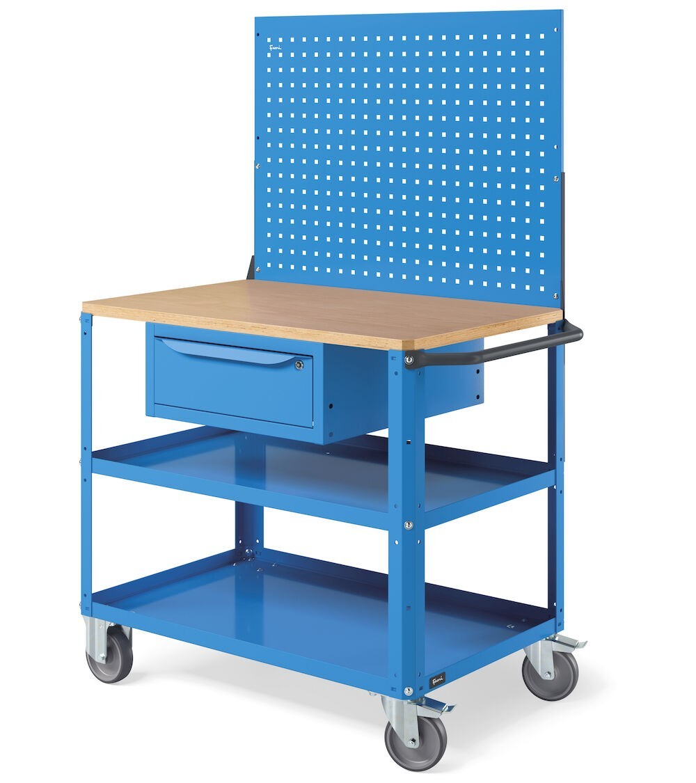 Carrello Clever Large con piano in legno, piano in acciaio aggiuntivo, cassetto e parete forata CLEVER1026