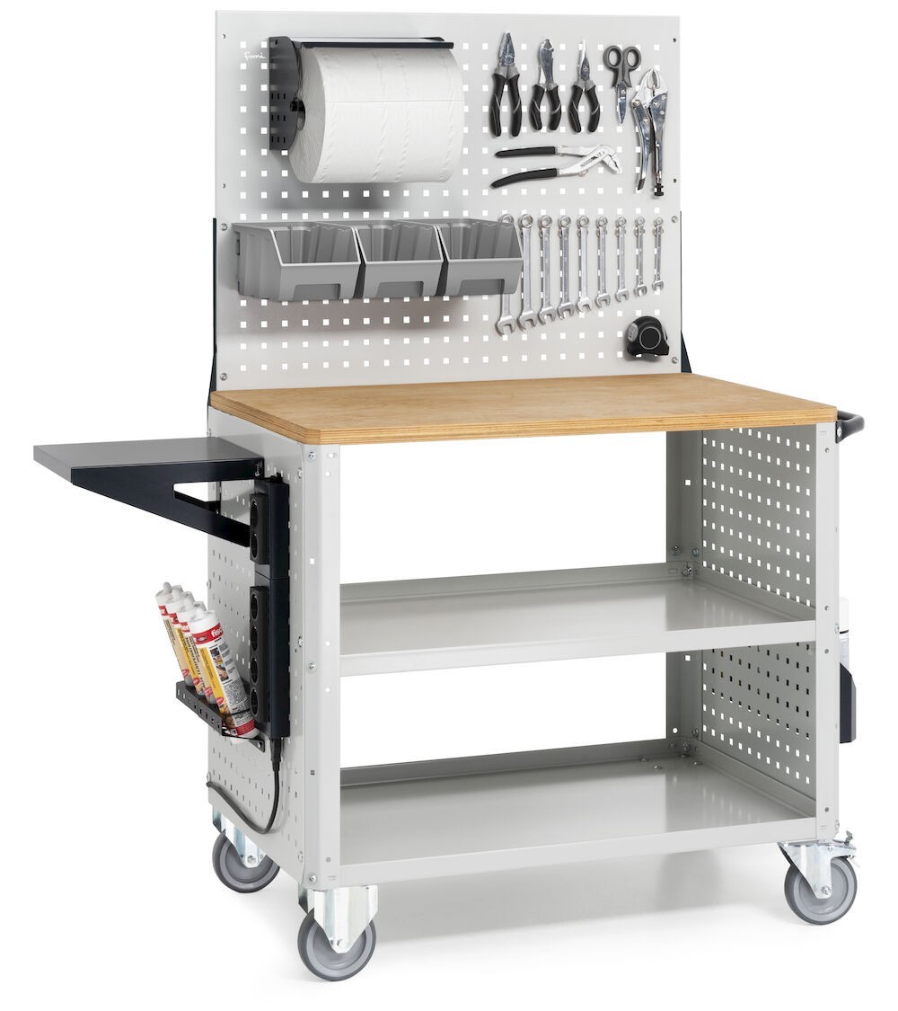 Carrello Clever Large con piano in legno, piano aggiuntivo, pannelli e parete forati, completo di Iron Team CLEVER1027