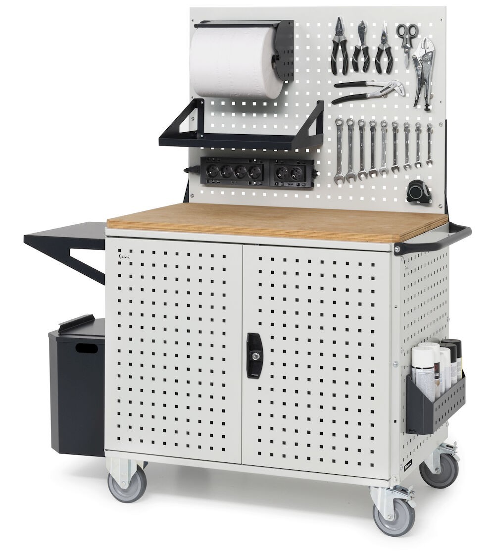 Carrello Clever Large con piano in legno, piano aggiuntivo, pannelli, coppia porte e parete forati, Iron Team CLEVER1029