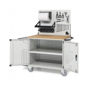 Carrello Clever Large con piano in legno, piano aggiuntivo, pannelli, coppia porte e parete forati, Iron Team CLEVER1029