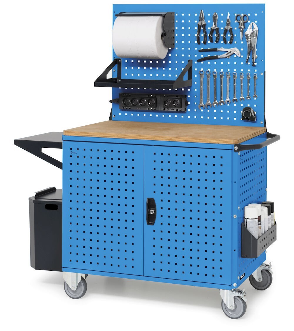 Carrello Clever Large con piano in legno, piano aggiuntivo, pannelli, coppia porte e parete forati, Iron Team CLEVER1030