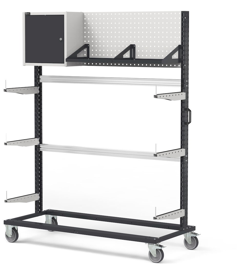 Carrello rastrelliera con pannello perforato e pensile, L 1552 mm BINCART1506