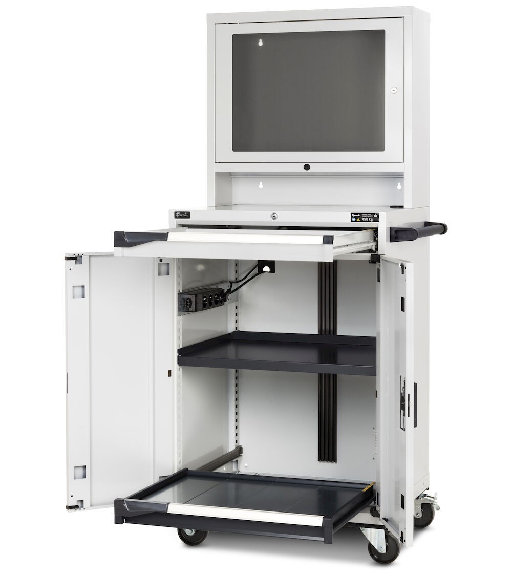 Armadio porta computer con modulo base e modulo porta con finestra in policarbonato