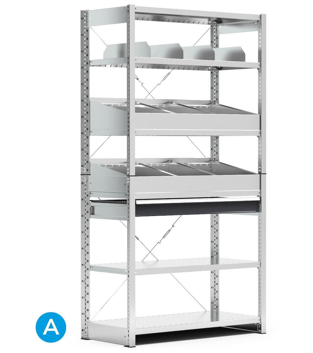 Scaffale per minuterie a 6 piani con divisori, L1057 x P521 x H2011 mm