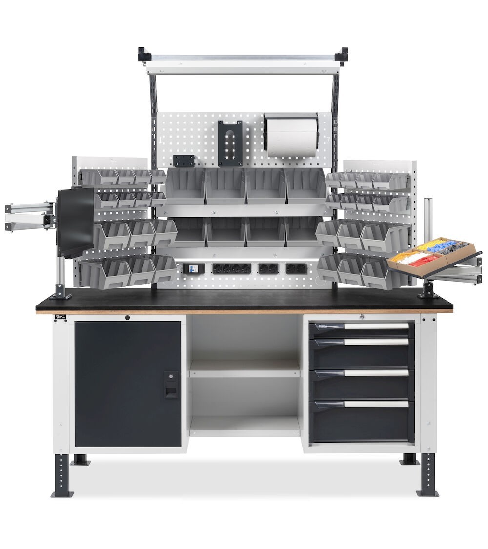 Banco da lavoro portautensili con cassetti e contenitori MASTERBR2008, 200 cm