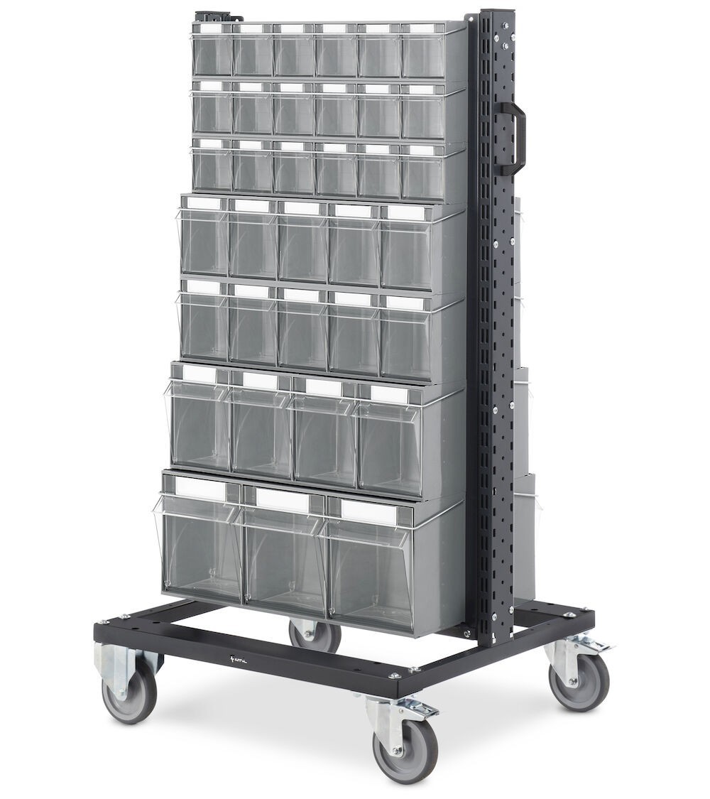 Carrello con cassettiere trasparenti, 70 contenitori