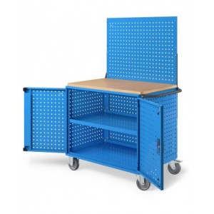 Carrello Clever Large con piano in legno, piano in acciaio aggiuntivo pannelli e parete forati, coppia porte CLEVER1024