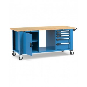 Banco professionale con ruote, 4 cassetti, porta e ripiano regolabile, 200 cm, blu e antracite