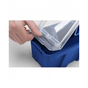 Scaffale a 4 ripiani grigio scuro con 9 contenitori RK Box Air blu cielo con coperchi e frontalini, L496 x P304 x H546 mm