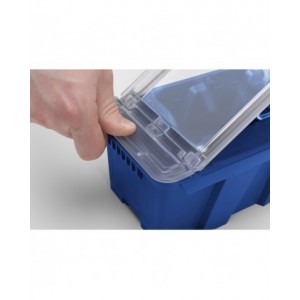 Scaffale a 5 ripiani grigio scuro con 12 contenitori RK Box Air blu cielo con coperchi e frontalini, L496 x P304 x H546 mm