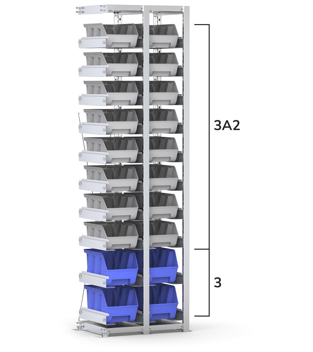 Scaffale aggiuntivo con 20 contenitori Picking Box Air mis. 3/3A2, L584 x P421 x H2003 mm