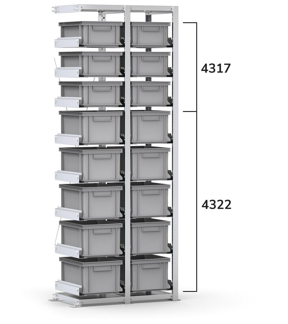 Scaffale aggiuntivo con 16 cassette Euro Box 400x300 mm, L760 x P421 x H2003 mm