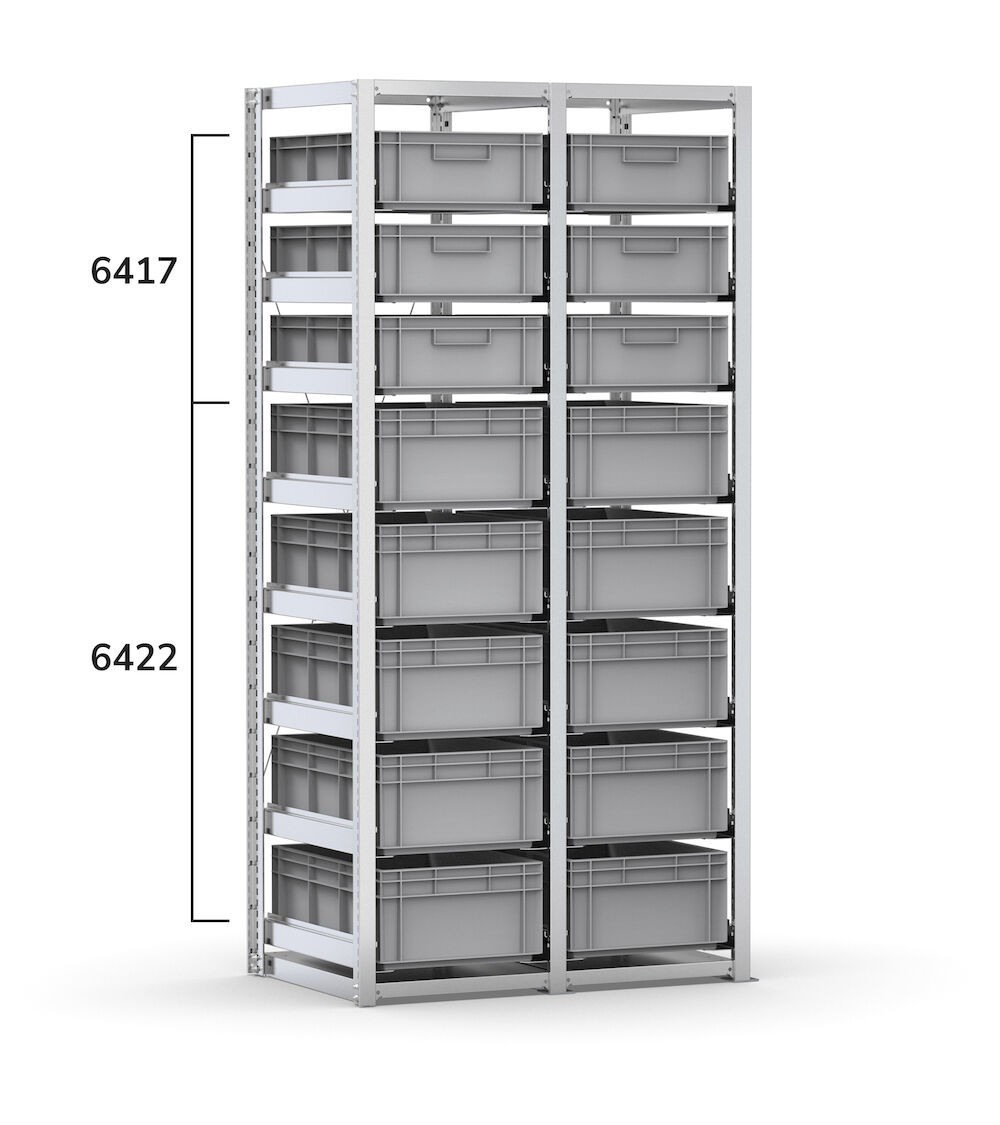 Scaffale con 16 cassette Euro Box 600x400 mm, L1010 x P621 x H2003 mm