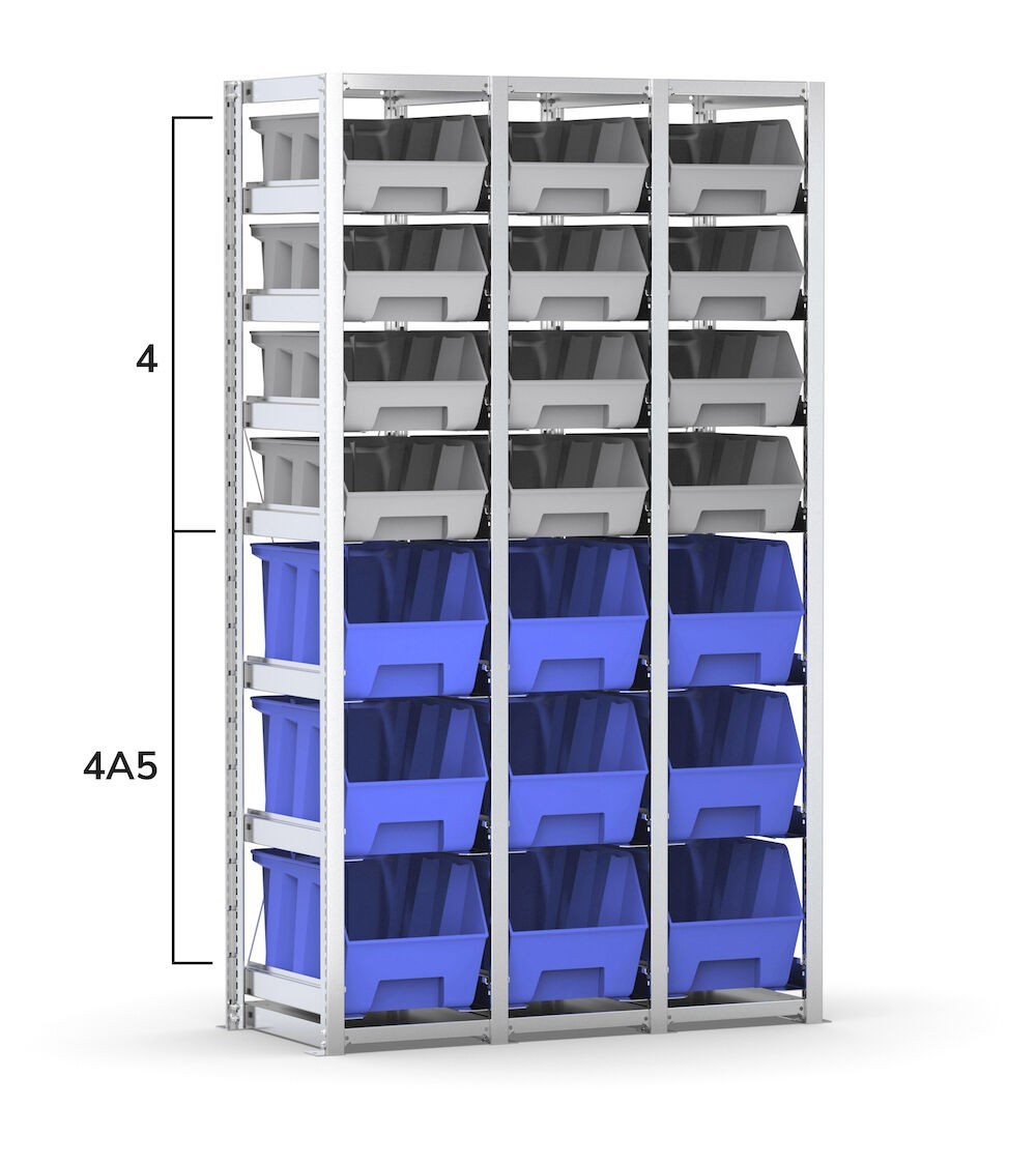 Scaffale con 21 contenitori Picking Box Air mis. 4/4A5, L1208 x P521 x H2003 mm