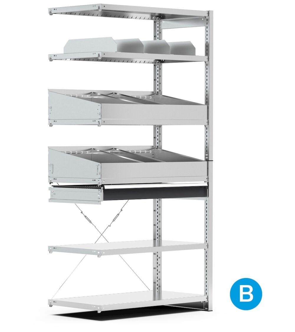 Scaffale per minuterie aggiuntivo a 6 piani con divisori, L1028 x P521 x H2011 mm