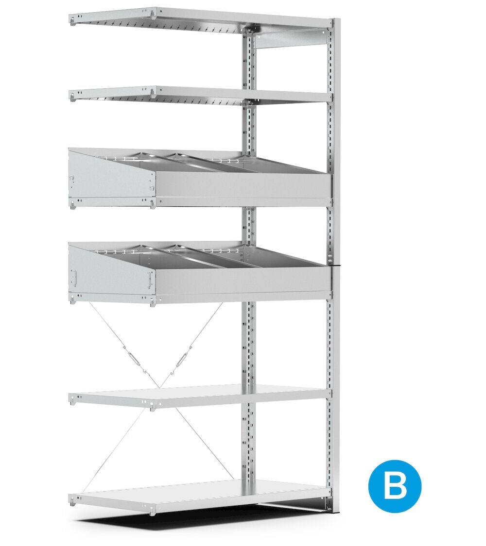 Scaffalatura aggiuntiva a 6 ripiani con divisori, L1028 x P521 x H2011 mm