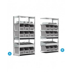 Scaffale con 9 contenitori mis. 4A5 e 6 ripiani, L1057 x P521 x H2011 mm