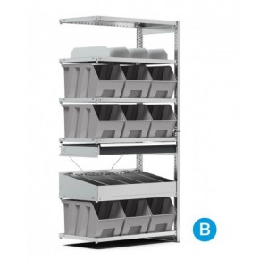 Scaffale aggiuntivo con 9 contenitori mis. 4A5 e 6 ripiani, L1028 x P521 x H2011 mm