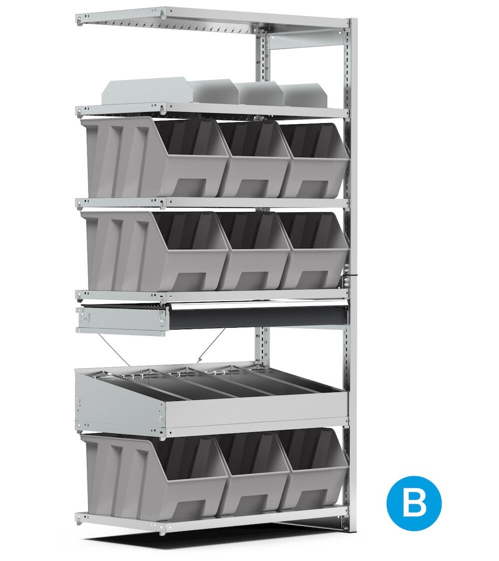 Scaffale aggiuntivo con 9 contenitori mis. 4A5 e 6 ripiani, L1028 x P521 x H2011 mm