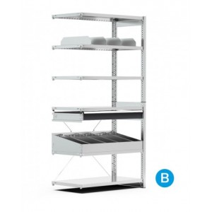Scaffale aggiuntivo a 6 ripiani con divisori per contenitori mis.4A5, L1028 x P521 x H2011 mm