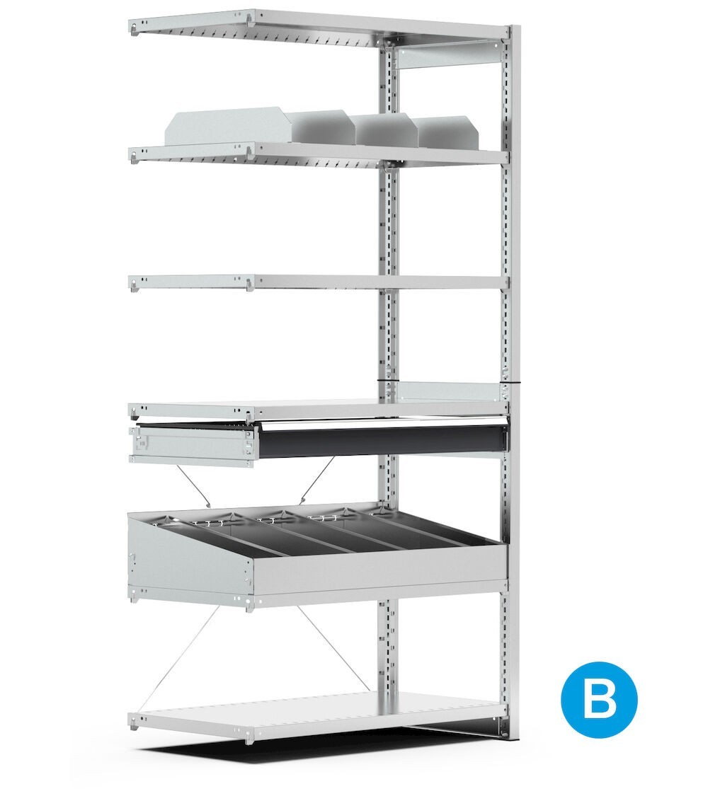 Scaffale aggiuntivo a 6 ripiani con divisori per contenitori mis.4A5, L1028 x P521 x H2011 mm