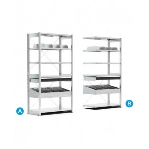 Scaffale aggiuntivo a 6 ripiani con divisori per contenitori mis.4A5, L1028 x P521 x H2011 mm