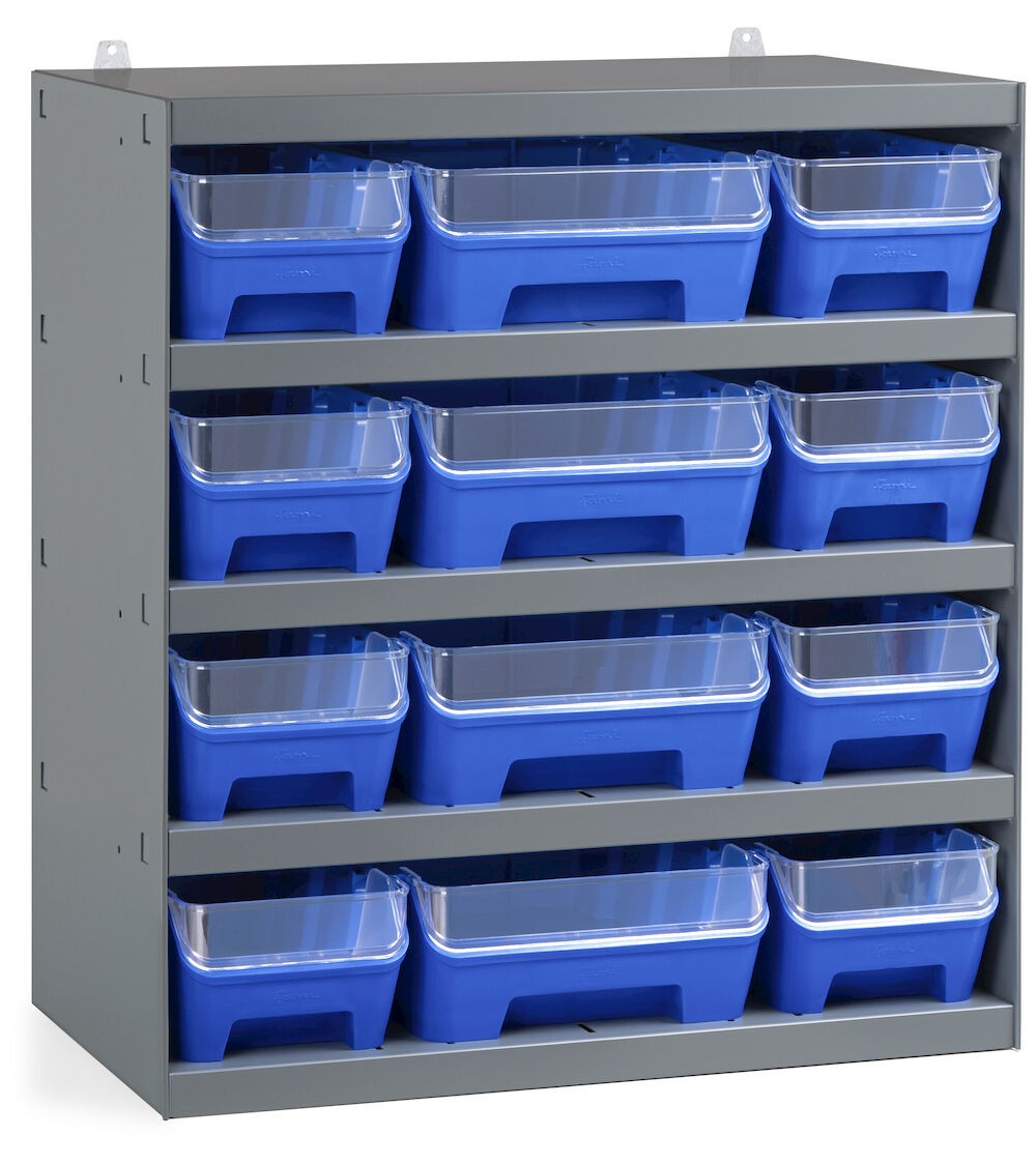 Rayonnage pour 12 bacs RK Box Air avec séparateurs et façades, L500 x P300 x H545 mm