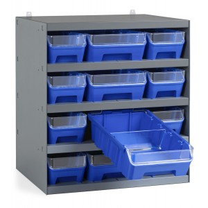 Regal mit 12 Behältern RK Box Air mit Trennwänden und Fronten, B500 x T400 x H545 mm