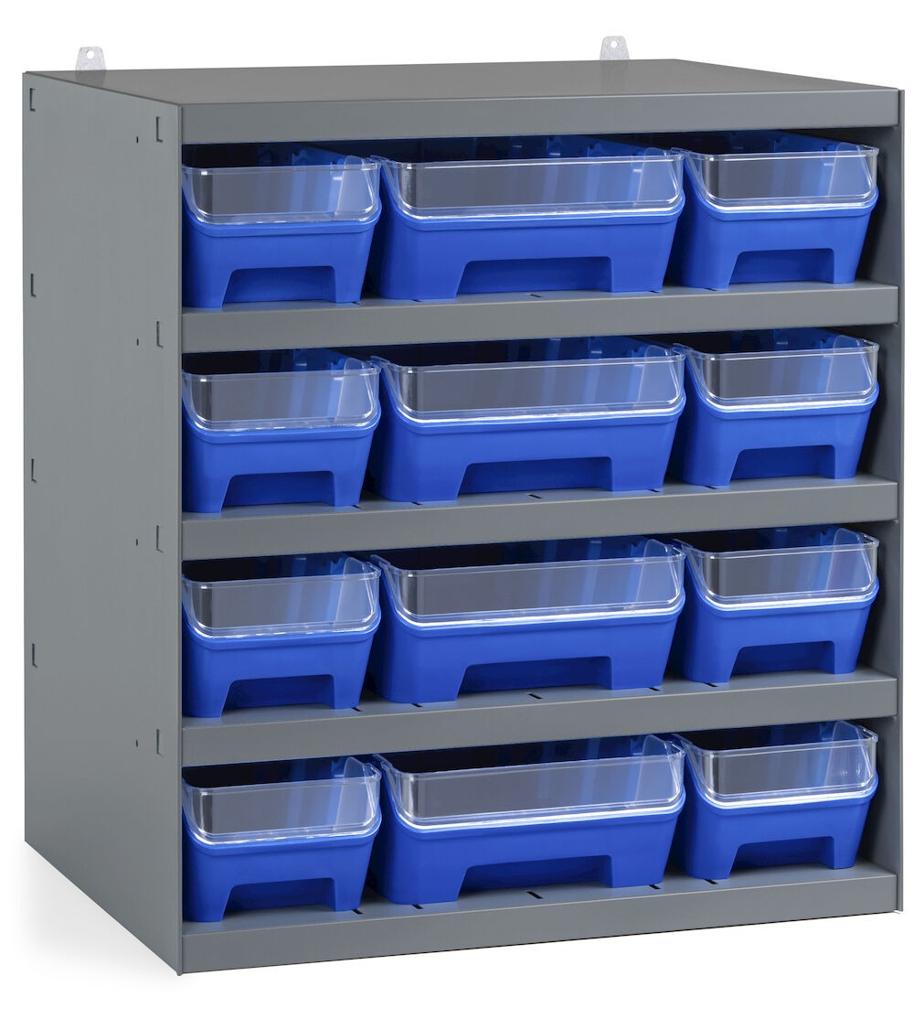 Regal mit 12 Behältern RK Box Air mit Trennwänden und Fronten, B500 x T400 x H545 mm