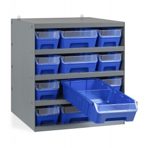 Regal mit 12 Behältern RK Box Air mit Trennwänden und Fronten, B500 x T500 x H545 mm