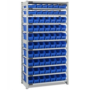 Rayonnage avec 11 plateaux et 68 bacs RK Box Air, L1057 x P521 x H2011 mm