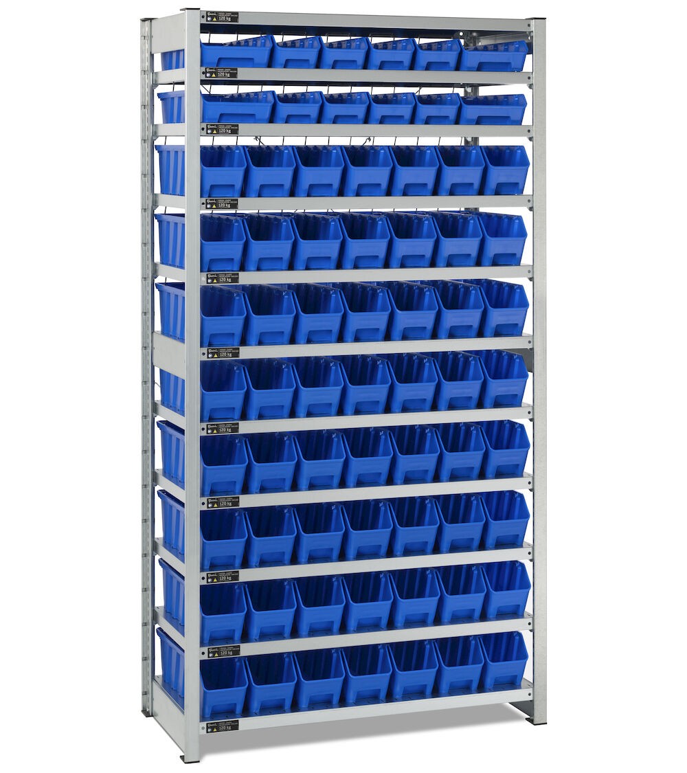 Rayonnage avec 11 plateaux et 68 bacs RK Box Air, L1057 x P521 x H2011 mm